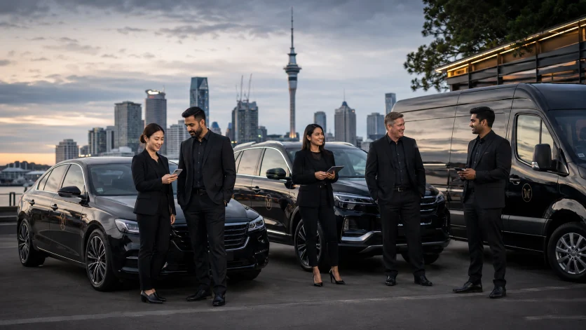 Taxi Christchurch – King Cabs 14 Business traveller and executive drivers beside premium black vehicles