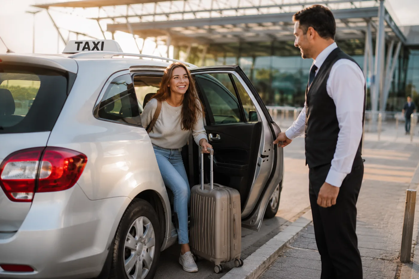 Taxi Christchurch – King Cabs 3 Airport transfer passenger with luggage next to a taxi at an airport