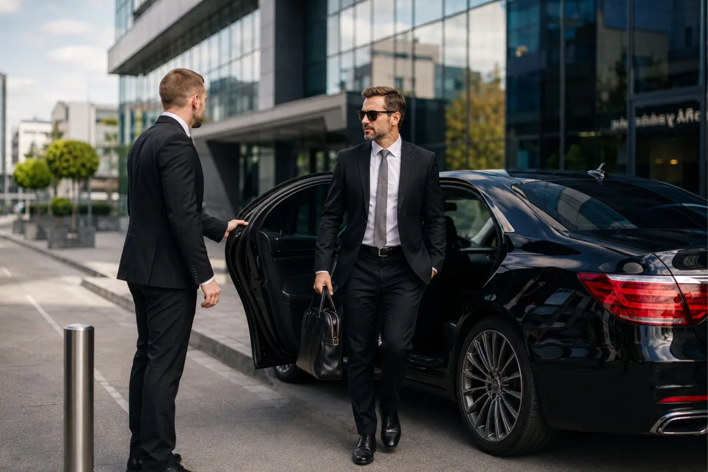Taxi Christchurch – King Cabs 6 Business traveller leaving a black executive vehicle with a professional driver nearby